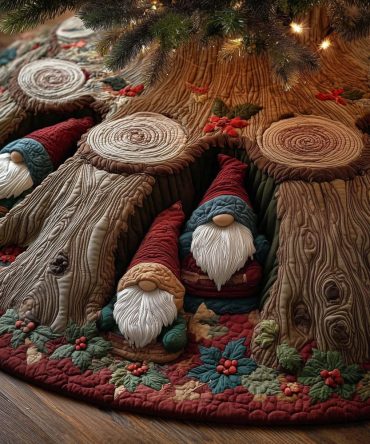 Old Stump Gnome Doors Christmas Tree Skirt - Whimsical Handmade Holiday Skirt Featuring Tiny Door Details, Made To Order