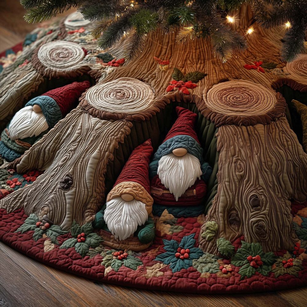 Old Stump Gnome Doors Christmas Tree Skirt - Whimsical Handmade Holiday Skirt Featuring Tiny Door Details, Made To Order