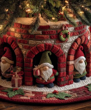 Red Brick Fort Gnome Christmas Tree Skirt - Rustic Handmade Holiday Skirt With Brickwork Motif, Custom, Made To Order