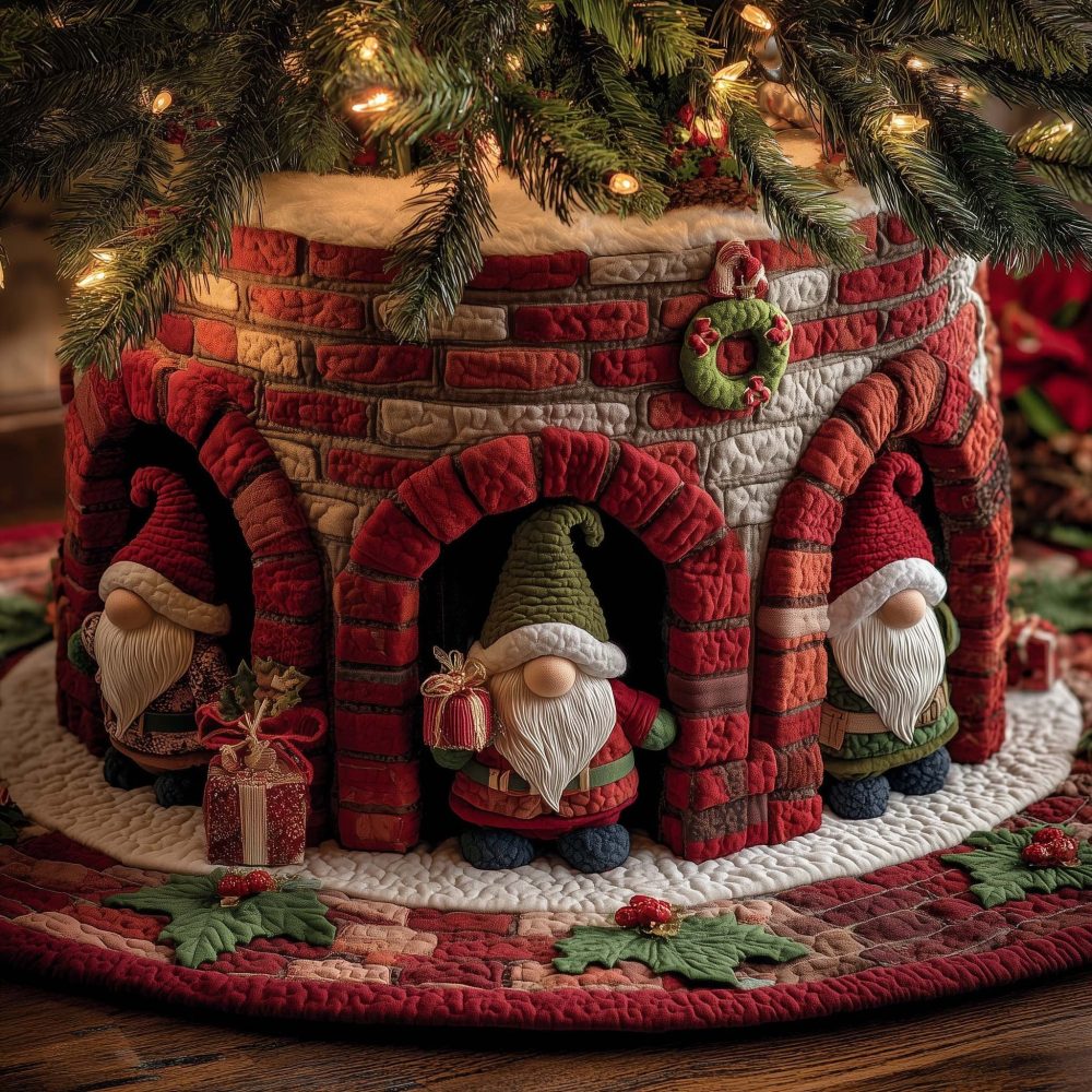 Red Brick Fort Gnome Christmas Tree Skirt - Rustic Handmade Holiday Skirt With Brickwork Motif, Custom, Made To Order