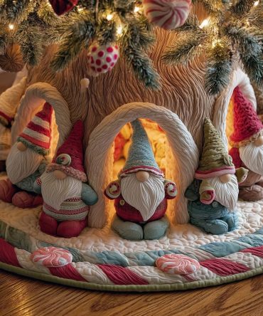 Gnome Family Glow Arch Holiday Tree Skirt - Handmade Warm-Light Scene, Premium Custom Christmas Skirt, Made To Order