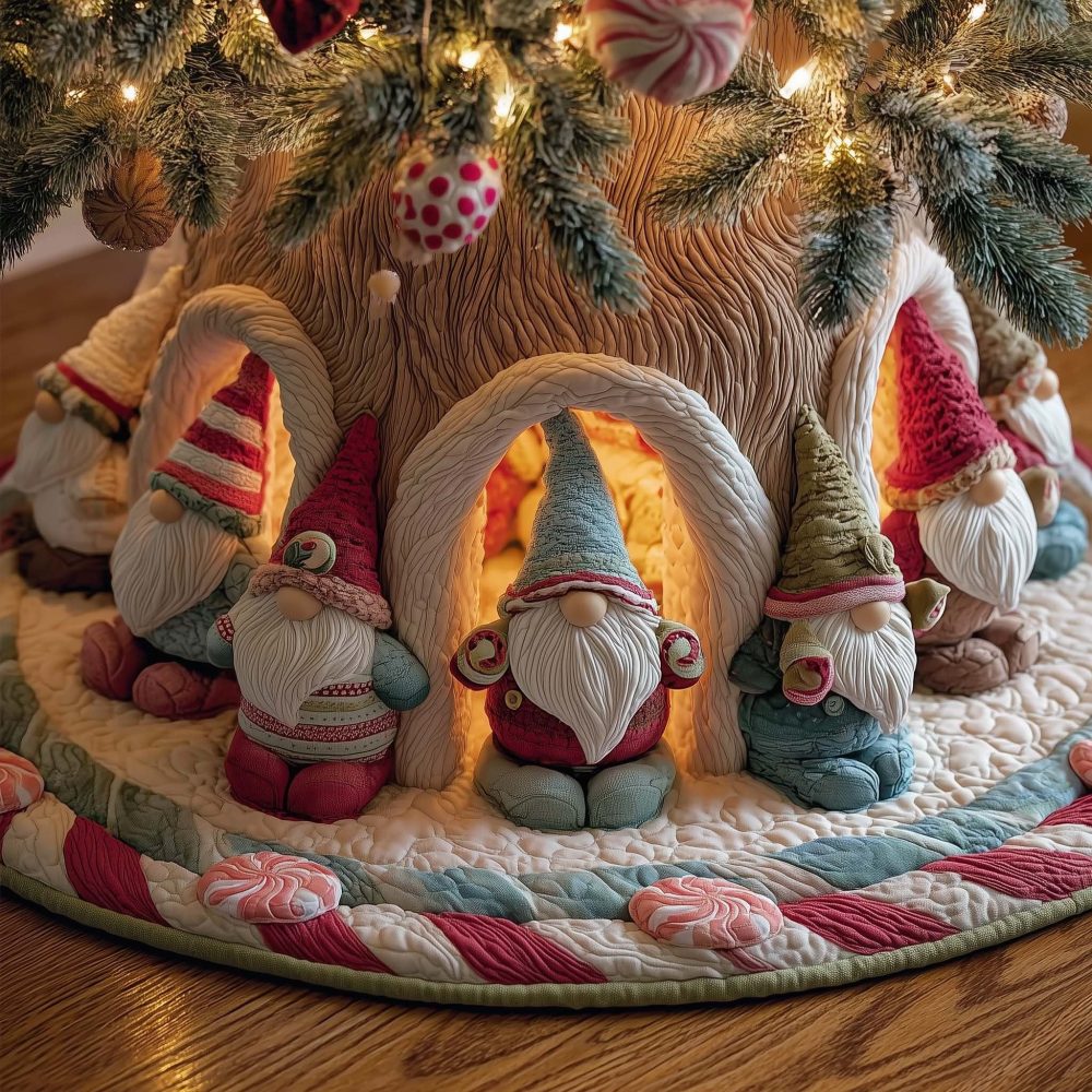 Gnome Family Glow Arch Holiday Tree Skirt - Handmade Warm-Light Scene, Premium Custom Christmas Skirt, Made To Order