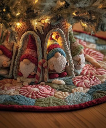 Peppermint Grotto Gnome Christmas Tree Skirt - Festive Red & White Handmade Holiday Skirt, Customizable, Made To Order