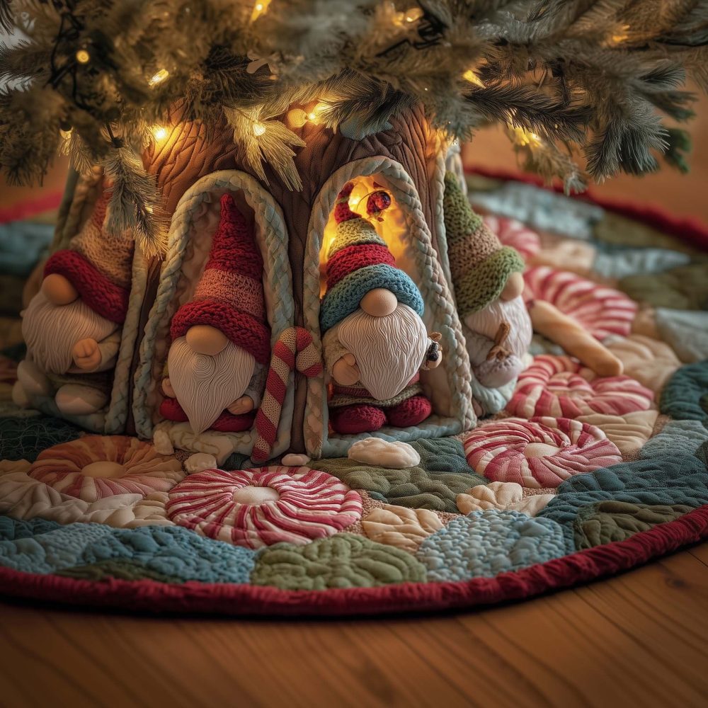 Peppermint Grotto Gnome Christmas Tree Skirt - Festive Red & White Handmade Holiday Skirt, Customizable, Made To Order