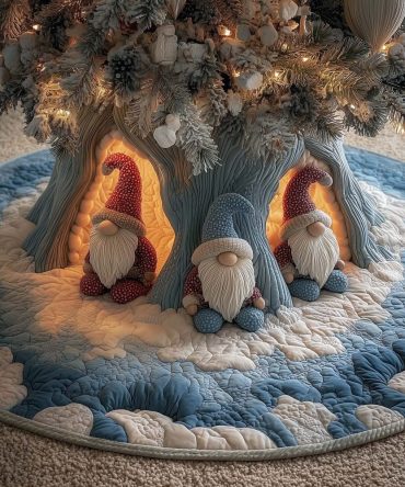 Blue Ice Gnome Trio Holiday Tree Skirt - Premium Handmade Winter-Themed Christmas Skirt, Custom Sizes Available, Made To Order