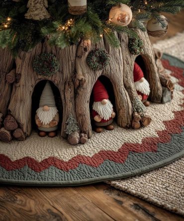 Custom Driftwood Gnome Christmas Tree Skirt - Handmade Holiday Skirt With Rustic Seaside Gnome Scene, Made To Order