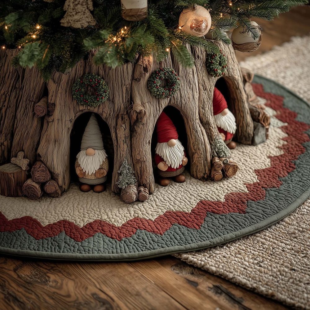 Custom Driftwood Gnome Christmas Tree Skirt - Handmade Holiday Skirt With Rustic Seaside Gnome Scene, Made To Order