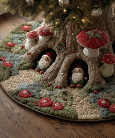 Handmade Holiday Tree Skirt With Cheerful Gnome Toadstool Garden Scene - Custom Christmas Decor, Made To Order