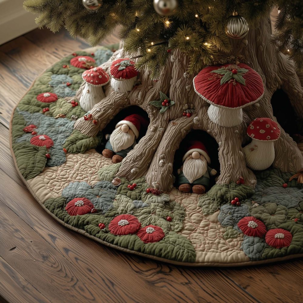 Handmade Holiday Tree Skirt With Cheerful Gnome Toadstool Garden Scene - Custom Christmas Decor, Made To Order