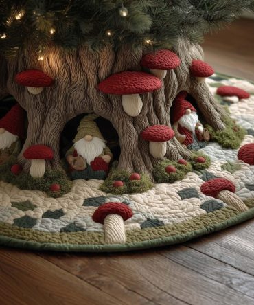 Mushroom Stump Gnome Tree Skirt — Custom Handcrafted Holiday Base With Woodland Charm, Soft Eco-Friendly Fabric