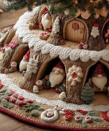 Gnome Bakery In Snow Stump Tree Skirt — Custom Holiday Base With Whimsical Bakery Scene, Soft Durable Fabric