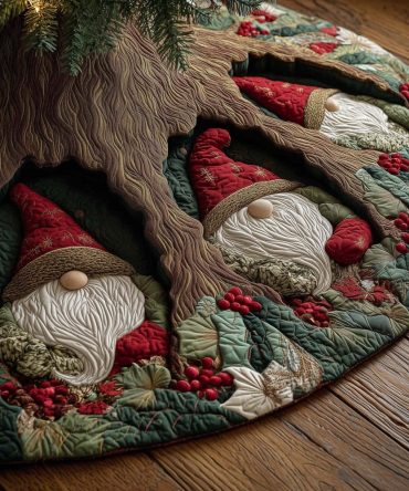 Berry Wood Gnome Faces Tree Skirt — Custom Handcrafted Christmas Skirt, Warm Rustic Motif, Quality Materials