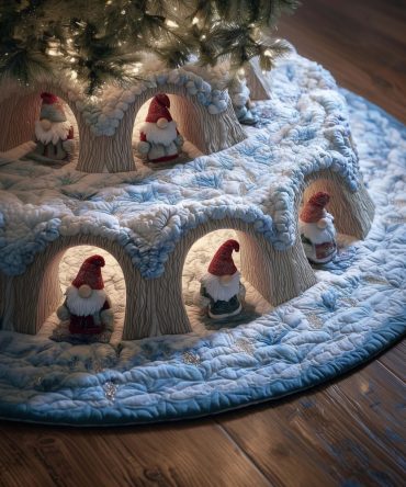 Lantern Grotto Gnomes Christmas Tree Skirt — Custom-Made Whimsical Holiday Base, Hand-Printed, Cozy Woodland Style