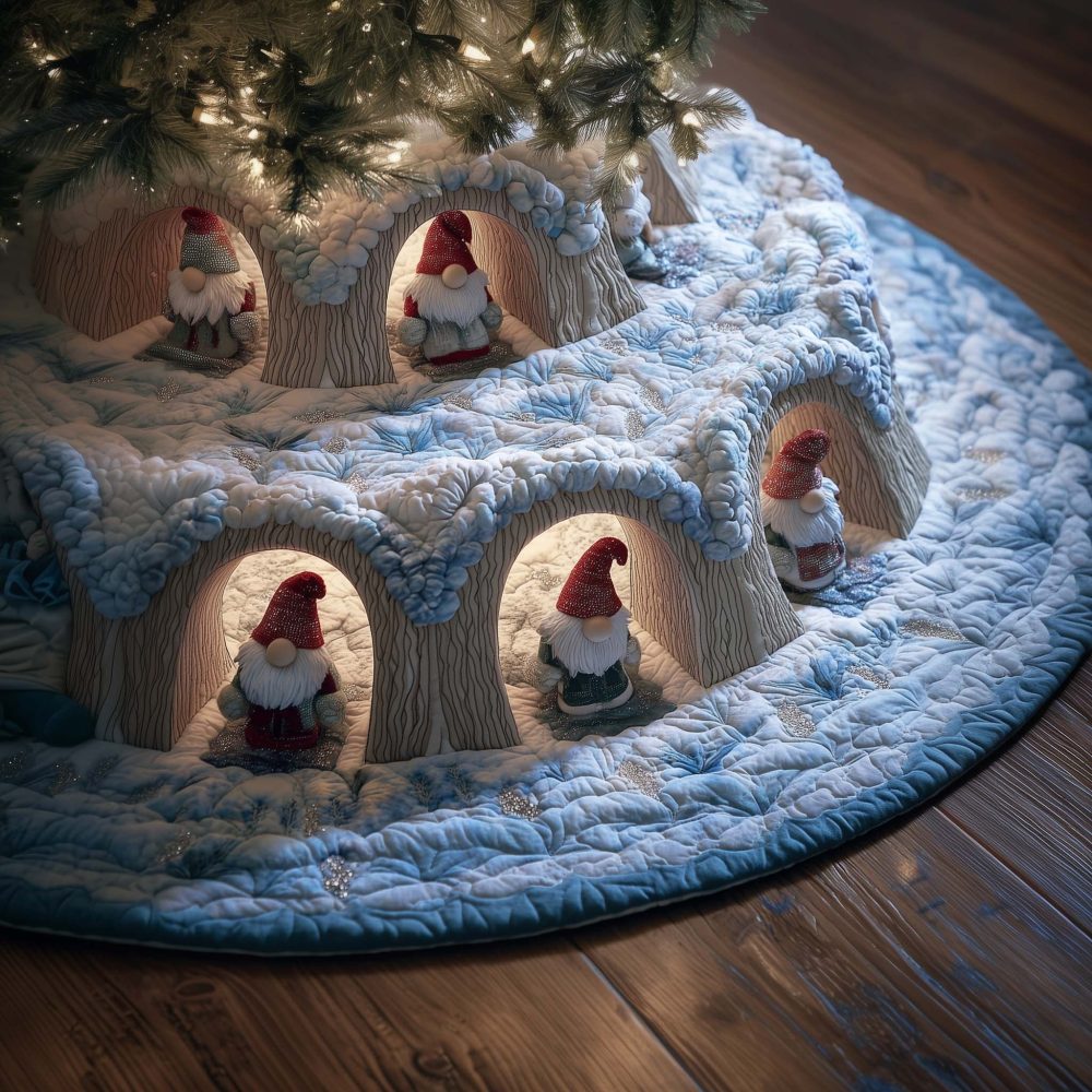 Lantern Grotto Gnomes Christmas Tree Skirt — Custom-Made Whimsical Holiday Base, Hand-Printed, Cozy Woodland Style