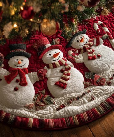 Snowman Trio With Candy Canes Tree Skirt — Made-To-Order Holiday Base, Bright Prints, Durable Cotton Blend