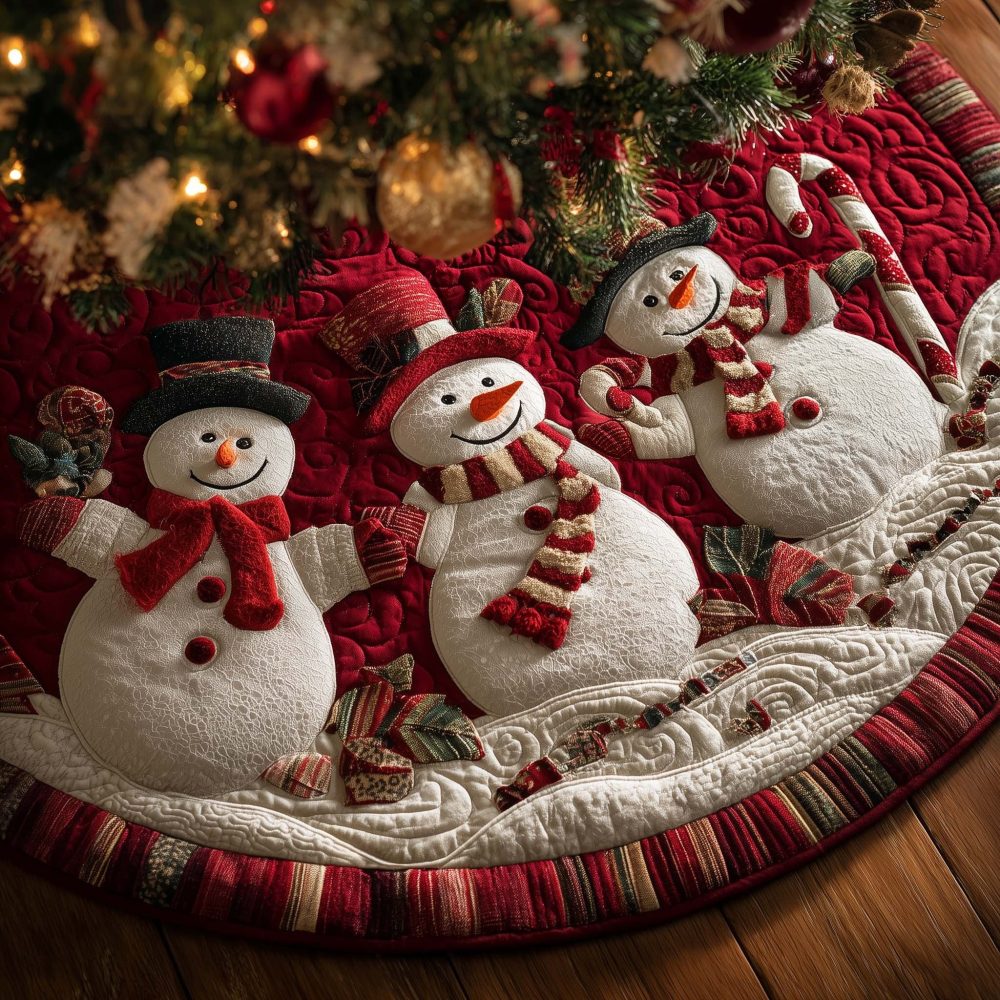 Snowman Trio With Candy Canes Tree Skirt — Made-To-Order Holiday Base, Bright Prints, Durable Cotton Blend
