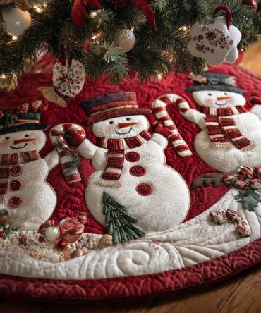 Crimson Stripe Snowmen Christmas Tree Skirt — Custom Festive Base With Bold Red Stripes, Soft High-Quality Fabric