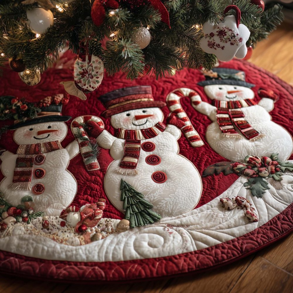 Crimson Stripe Snowmen Christmas Tree Skirt — Custom Festive Base With Bold Red Stripes, Soft High-Quality Fabric