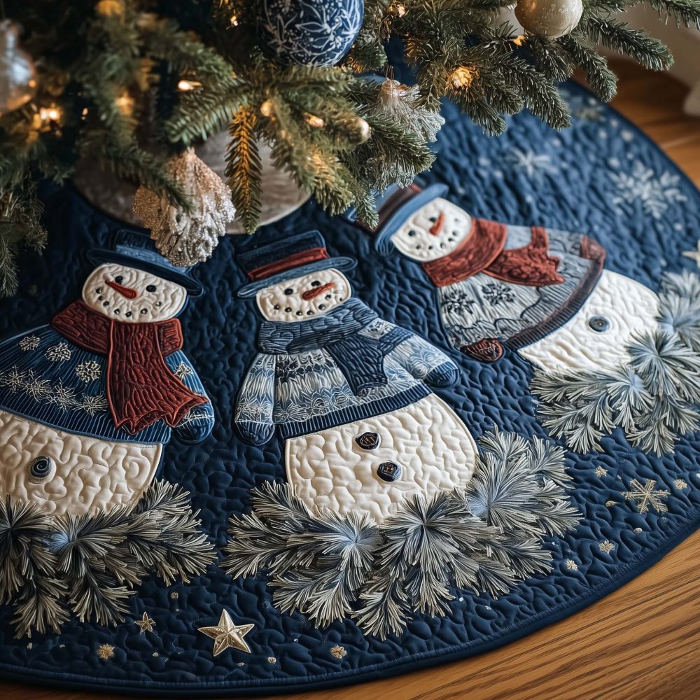 Winter Navy Snowman Pair Tree Skirt — Custom Holiday Base With Classic Blues, Premium Materials, Tailored Fit