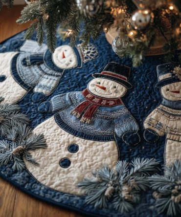 Denim Snowman Family Christmas Tree Skirt — Custom-Made Jean-Inspired Holiday Base, Durable Fabric, Playful Design