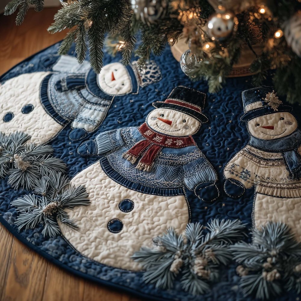 Denim Snowman Family Christmas Tree Skirt — Custom-Made Jean-Inspired Holiday Base, Durable Fabric, Playful Design