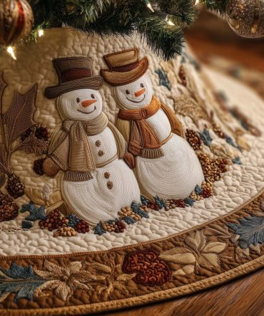Autumn Gold Snowman Couple Tree Skirt — Custom Seasonal Holiday Skirt, Warm Tones, High-Quality Materials