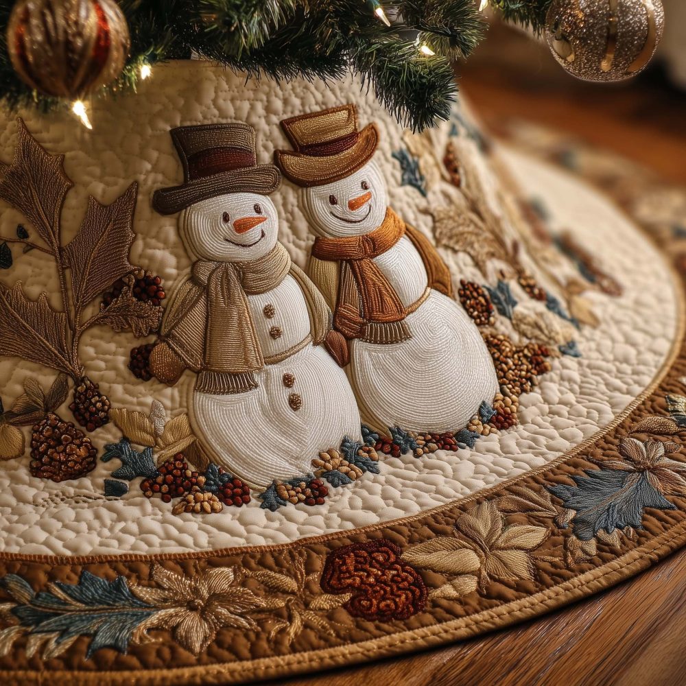 Autumn Gold Snowman Couple Tree Skirt — Custom Seasonal Holiday Skirt, Warm Tones, High-Quality Materials