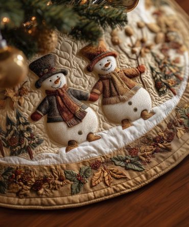 Rustic Snowmen In Brown Hats & Scarves Tree Skirt — Custom-Made Festive Base, Cozy Textiles, Classic Holiday Charm
