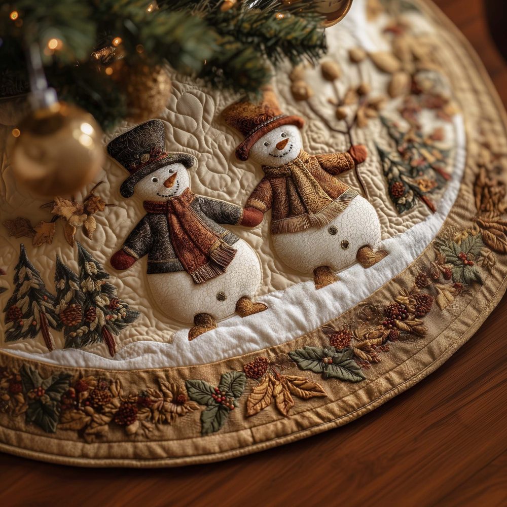 Rustic Snowmen In Brown Hats & Scarves Tree Skirt — Custom-Made Festive Base, Cozy Textiles, Classic Holiday Charm