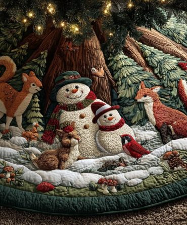 Snowman With Fox Friends Tree Skirt — Custom Holiday Base With Woodland Animals, Soft Fabric, Gift-Ready