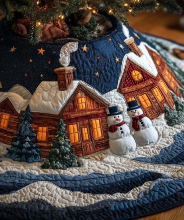 Snowmen By The Night Cabin Tree Skirt — Made-To-Order Winter Scene, Premium Fabric, Elegant Holiday Accent