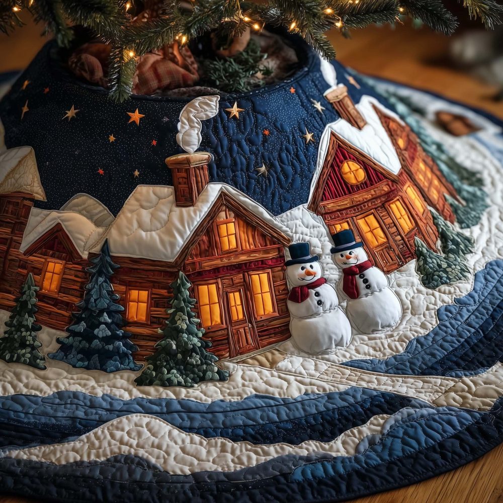 Snowmen By The Night Cabin Tree Skirt — Made-To-Order Winter Scene, Premium Fabric, Elegant Holiday Accent