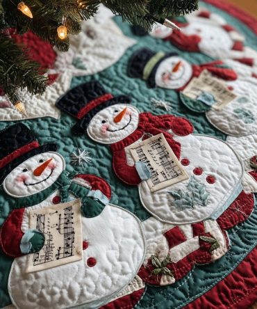 Caroling Snowmen Songbook Christmas Tree Skirt — Custom Holiday Skirt, Cozy Cotton, Festive Decorative Base