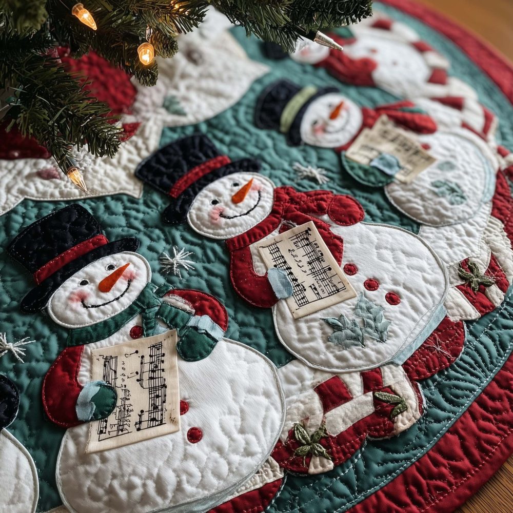 Caroling Snowmen Songbook Christmas Tree Skirt — Custom Holiday Skirt, Cozy Cotton, Festive Decorative Base