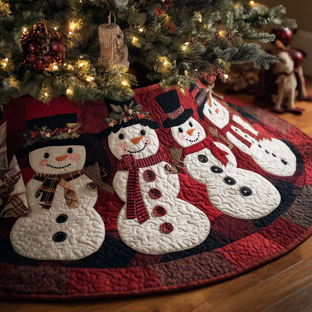 Premium Handcrafted Snowmen In Top Hats Christmas Tree Skirt — Custom-Made Holiday Décor, Soft Cotton, Gift-Ready