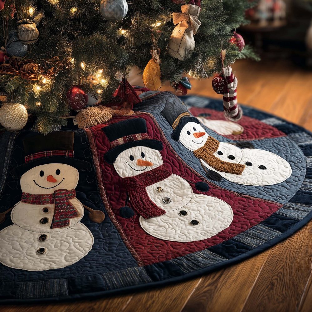 Snowman Panel In Plaid Tree Skirt - Handmade Plaid Snowman Panel Christmas Skirt, Custom Holiday Base With Classic Check Accent