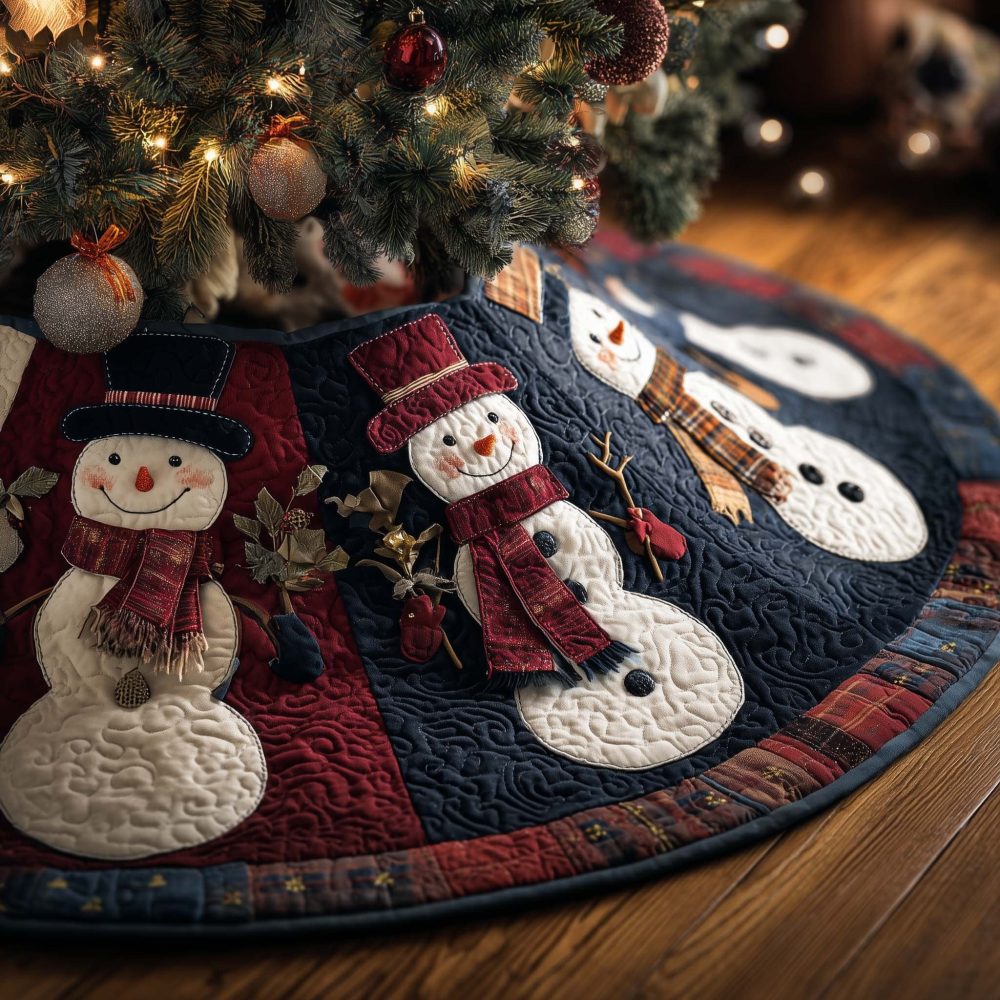 Two Snowmen In Winter Scarves Tree Skirt - Handmade Festive Snowman Pair Skirt, Custom Cozy Holiday Decor For Living Room Trees