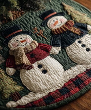 Snowman Sweethearts On Green Tree Skirt - Handmade Romantic Snowman Christmas Skirt, Custom Holiday Decor With Heart Details