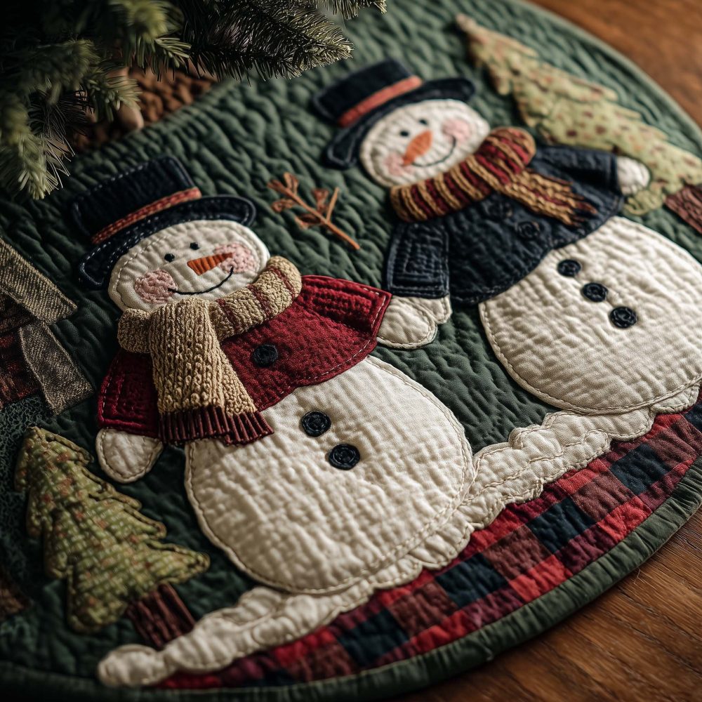Snowman Sweethearts On Green Tree Skirt - Handmade Romantic Snowman Christmas Skirt, Custom Holiday Decor With Heart Details