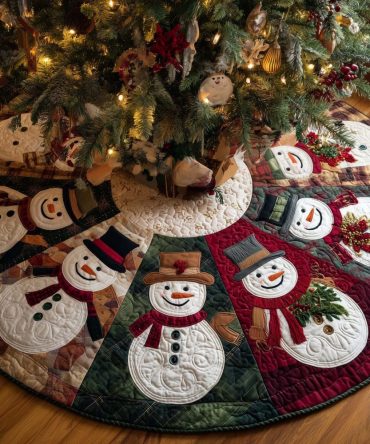 Tartan Snowman Wheel Tree Skirt - Scottish Plaid Snowman Christmas Skirt, Handmade Holiday Decor With Classic Tartan Accent