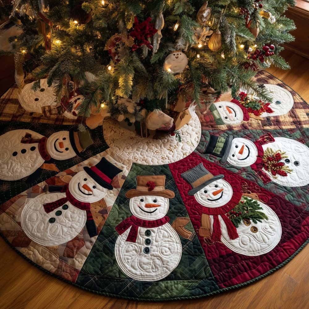 Tartan Snowman Wheel Tree Skirt - Scottish Plaid Snowman Christmas Skirt, Handmade Holiday Decor With Classic Tartan Accent