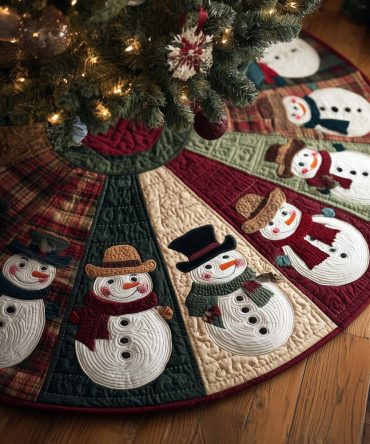 Snowman Fan Panels Christmas Tree Skirt - Handcrafted Panelled Snowman Skirt, Custom Holiday Tree Base With Playful Winter Characters