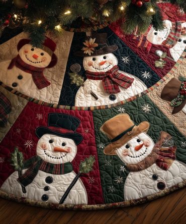 Patchwork Snowman Quartet Tree Skirt - Handmade Quilted Snowman Christmas Skirt, Custom Cozy Holiday Decor For Family Homes