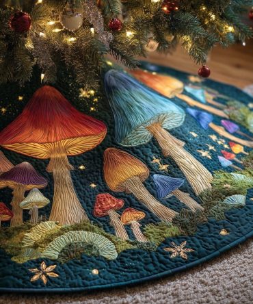 Rainbow Mushroom & Starry Sky Tree Skirt — Vibrant Handmade Christmas Skirt, Quilted Fantasy Holiday Decor, Custom Made-To-Order