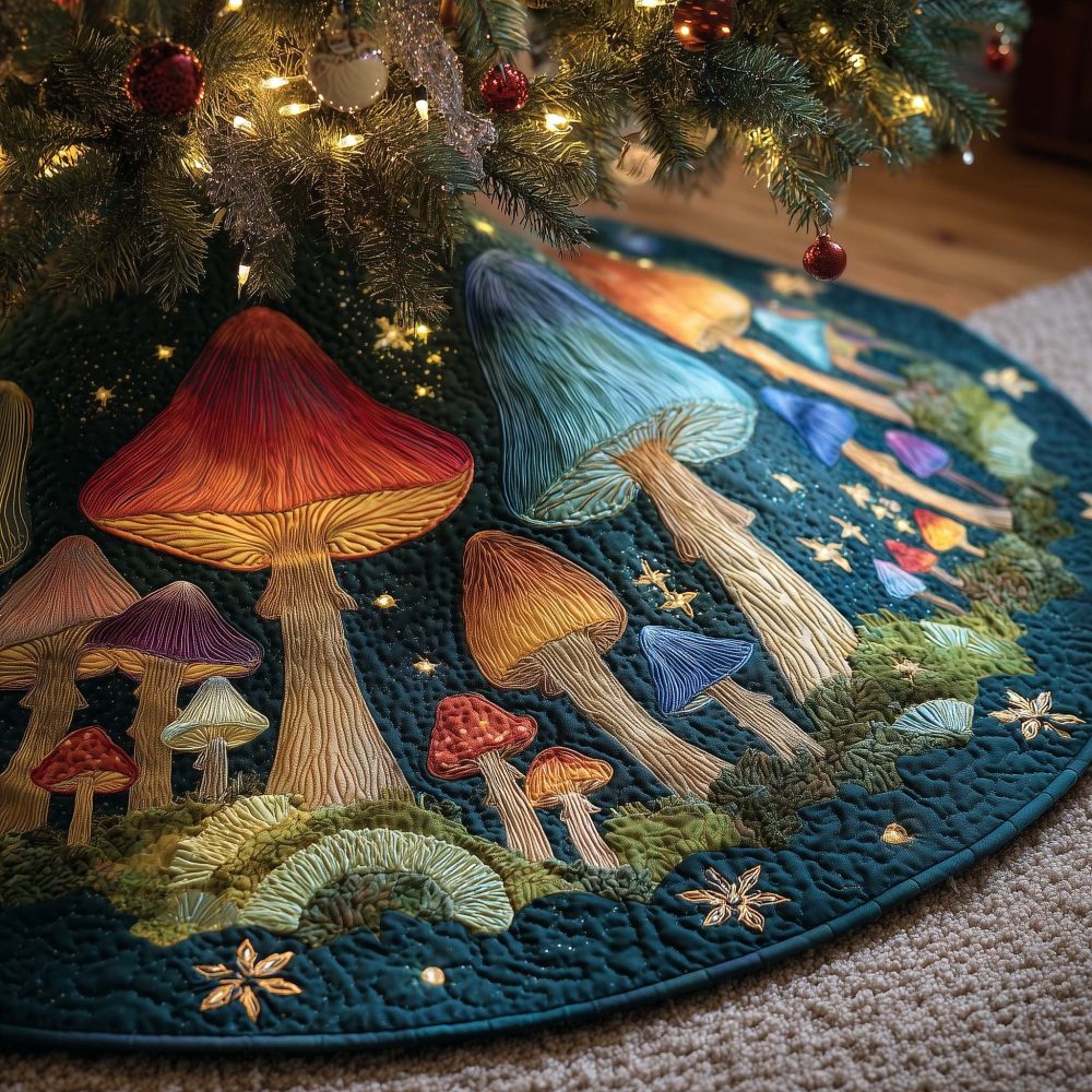 Rainbow Mushroom & Starry Sky Tree Skirt — Vibrant Handmade Christmas Skirt, Quilted Fantasy Holiday Decor, Custom Made-To-Order