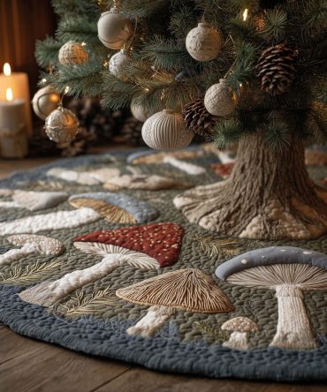 Toadstool Tree Skirt With Grey Trunk Accent — Custom Handmade Christmas Skirt, Quilted Woodland Holiday Decor, Made-To-Order Options