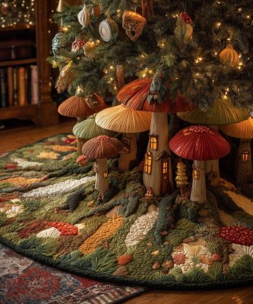 Custom Mushroom Cottage Christmas Tree Skirt — Handmade Forest Floor Holiday Decor, Quilted Felt Skirt Made-To-Order, Personalize Available