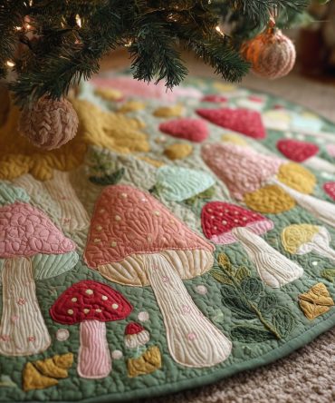 Pink & Sage Pastel Mushroom Tree Skirt - Handmade Soft Pastel Quilted Christmas Skirt, Delicate Woodland Design, Custom Size Options