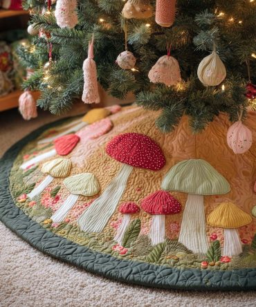 Green-Rim Tree Skirt With Pink Toadstools - Handmade Quilted Christmas Skirt, Whimsical Mushroom Design, Custom Sizes & Finishes
