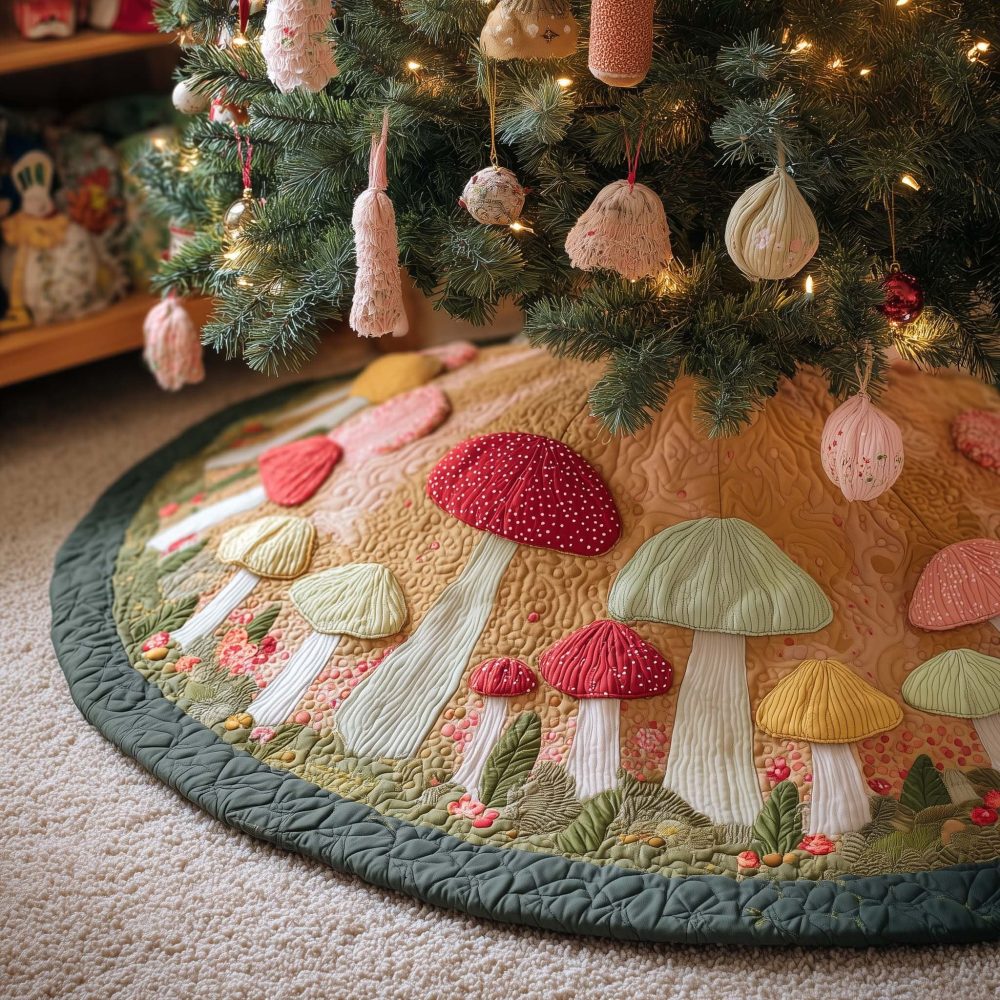 Green-Rim Tree Skirt With Pink Toadstools - Handmade Quilted Christmas Skirt, Whimsical Mushroom Design, Custom Sizes & Finishes